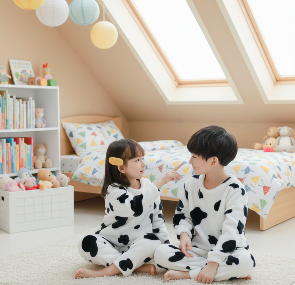 Ultra-Soft Fleece Cow Print Pajama Set for Kids-Plush Flannel Winter Loungewear for Boys & Girls