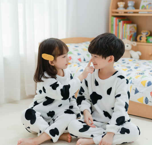 Ultra-Soft Fleece Cow Print Pajama Set for Kids-Plush Flannel Winter Loungewear for Boys & Girls