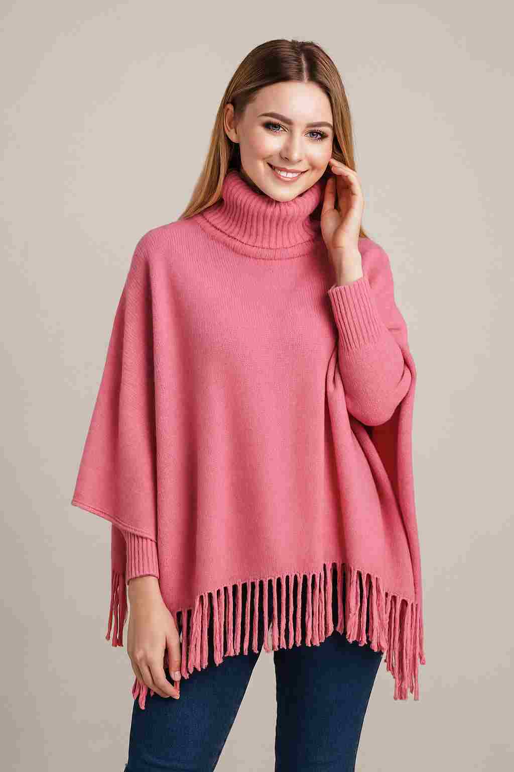 Winter Fleece Poncho for Girls – High Neck, Tassel Design, Adjustable Short Sleeves, Princess Style, Free Size