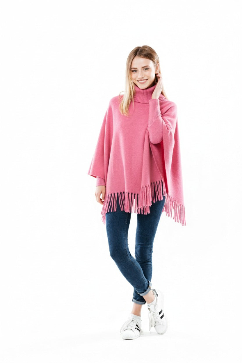 Winter Fleece Poncho for Girls – High Neck, Tassel Design, Adjustable Short Sleeves, Princess Style, Free Size